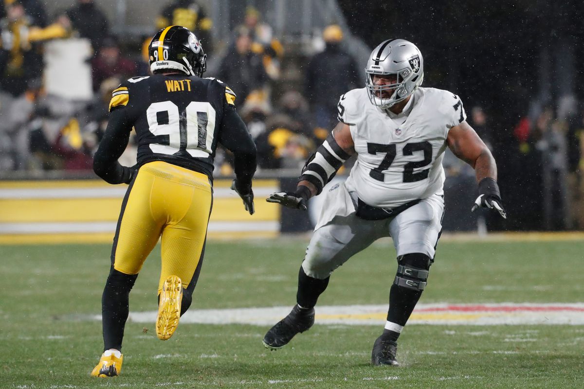 Las Vegas Raiders offensive tackle Justin Herron prepares to block during  the first half of a preseason NFL football game against the Dallas Cowboys  in Arlington, Texas, Saturday, Aug. 26, 2023. (AP