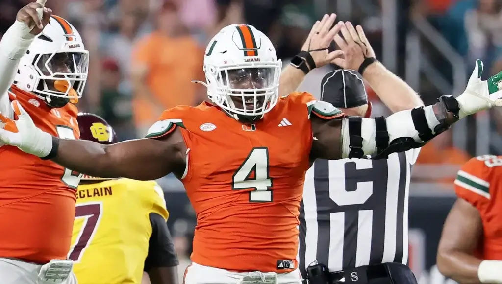 Raiders draft: Miami Hurricanes defensive end Rueben Bain Jr. celebrates against Bethune Cookman.